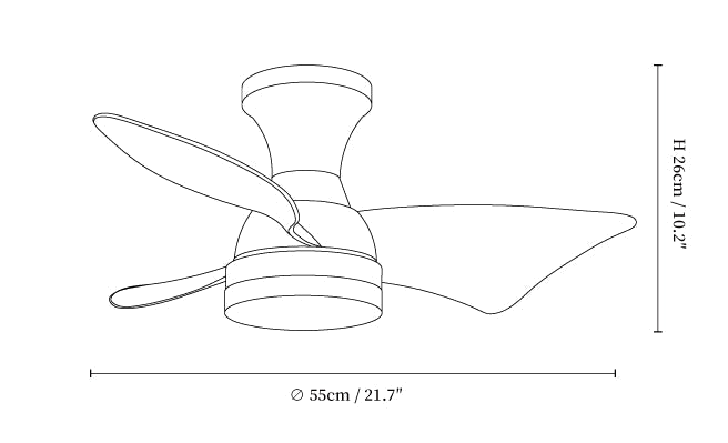 Dimension drawing of this Clérachic ceiling fan, with its height and blade span marked.
