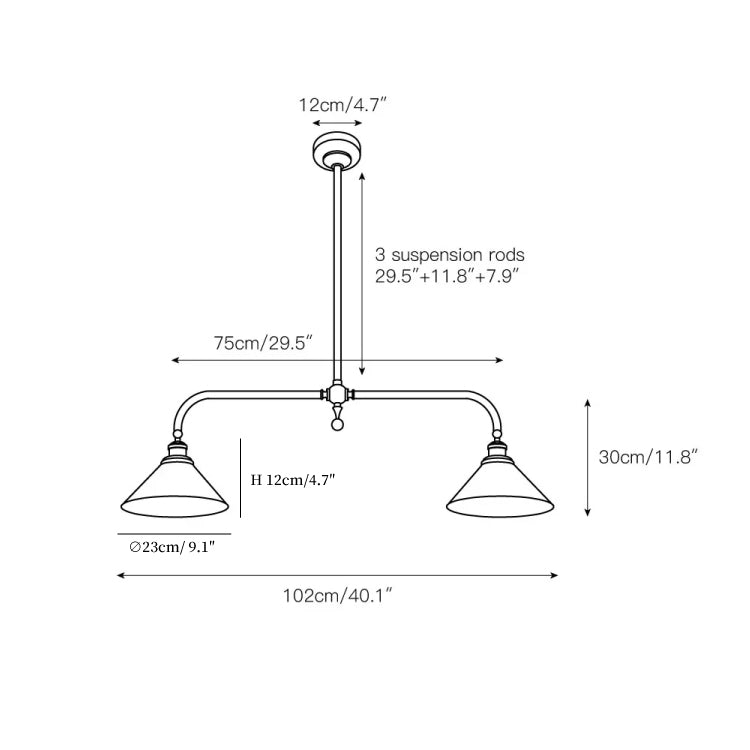 Dimension drawing of the bridgemont pendant light, in outline against white.