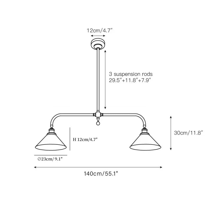 Dimension drawing of the bridgemont pendant light, in outline against white.