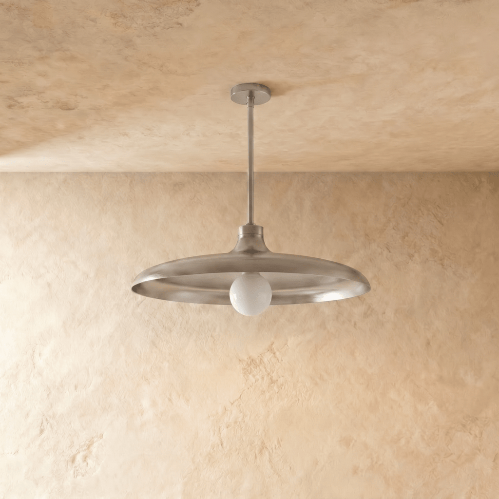 Clérachic pendant light in chrome, the disc shade and drop rod viewed from a slightly different angle.