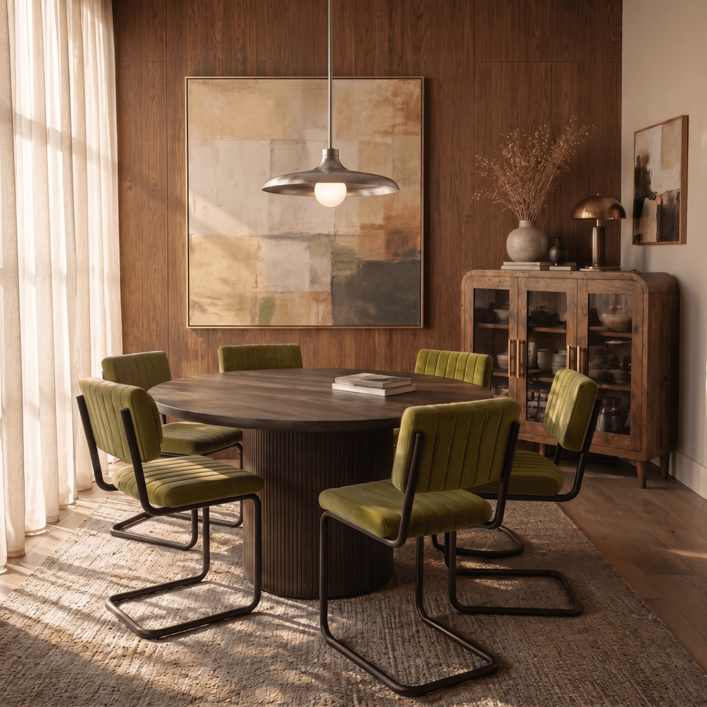 Clérachic chrome pendant light glowing above a round table with green velvet chairs in a wood-panelled dining room.