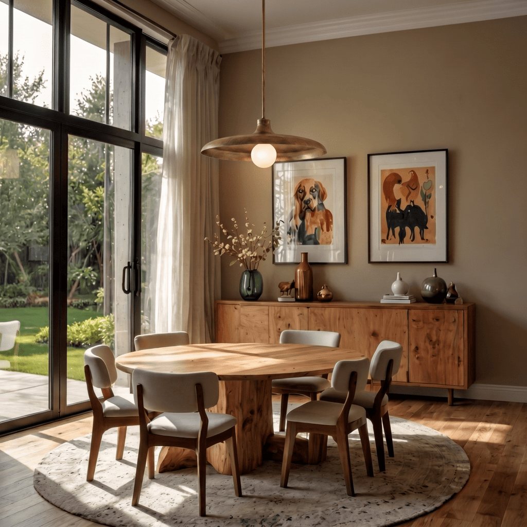 Clérachic brass pendant light glowing above a round dining table beside framed animal prints and glass doors.