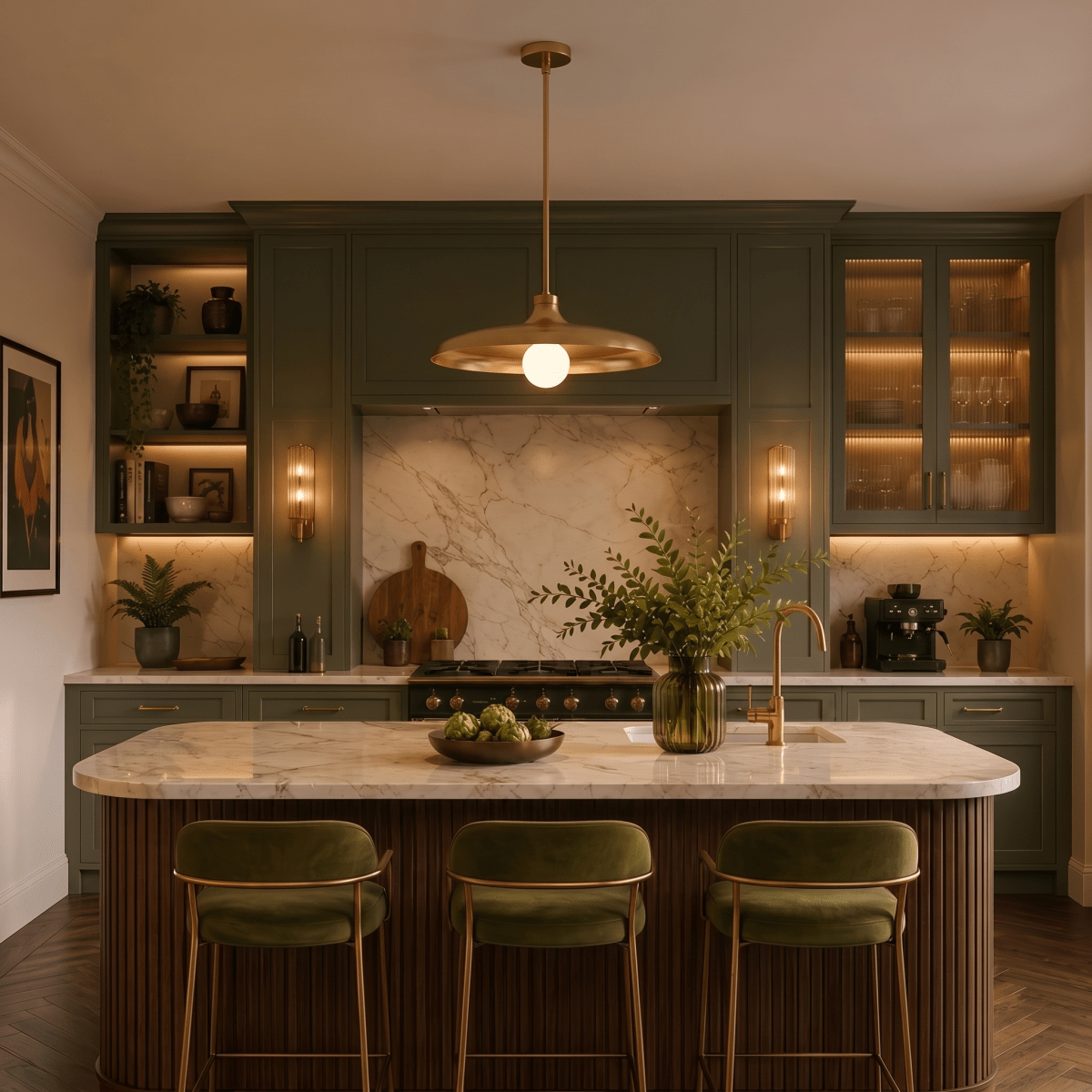 Clérachic brass pendant light glowing above a marble kitchen island with green cabinetry and velvet barstools.