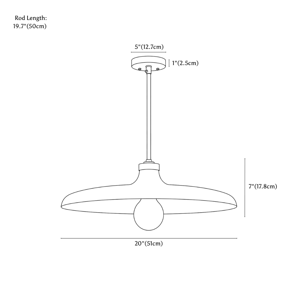 Clérachic pendant light dimension drawing, every measurement marked in centimetres and inches.