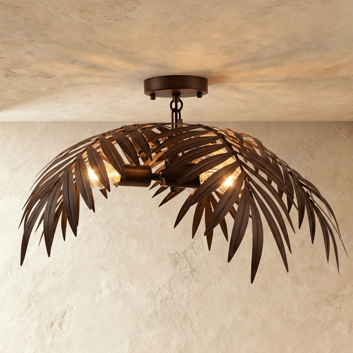 Clérachic ceiling-mounted palm-leaf light in dark bronze iron, fronds sweeping down over warm bulbs on a short drop.
