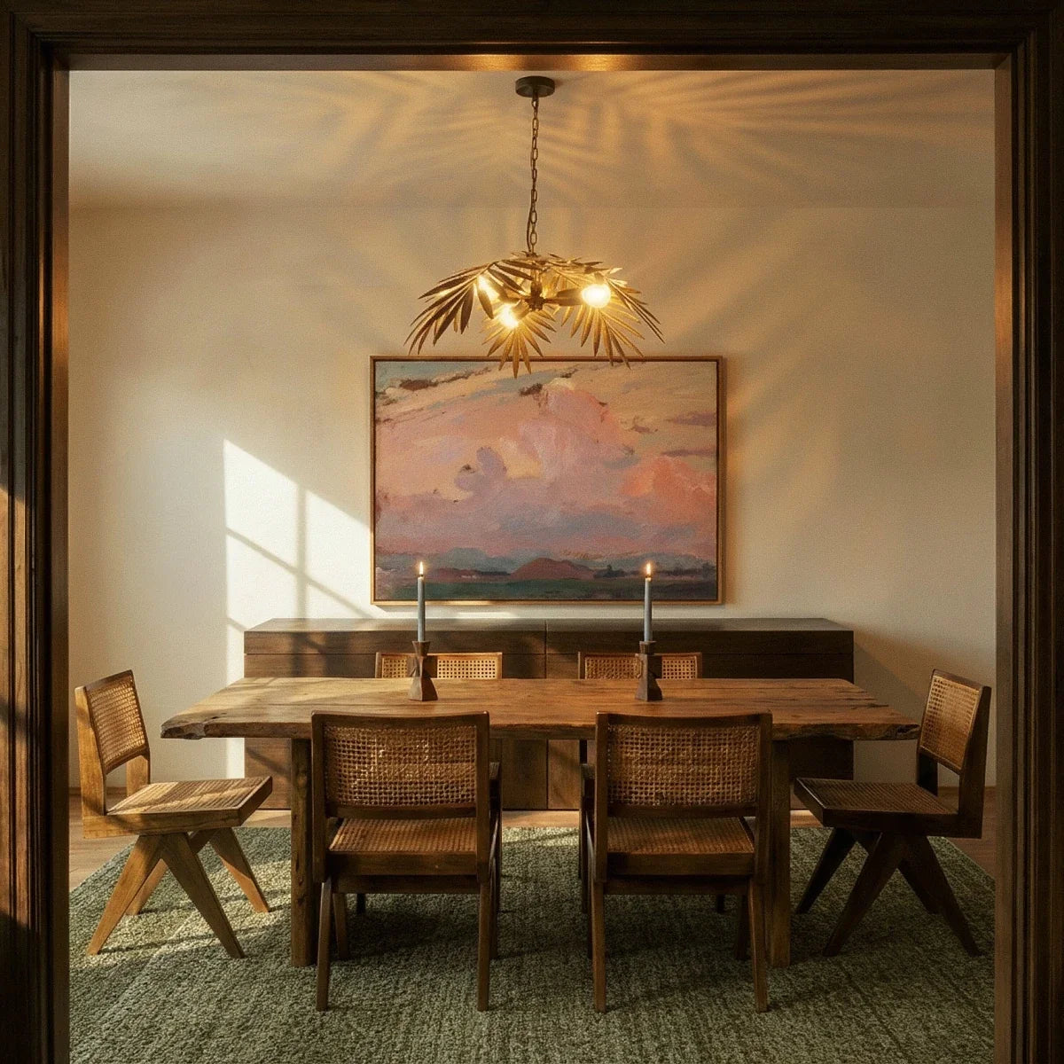 Clérachic hanging palm-leaf chandelier in antique gold, lit above a rustic wooden dining table and cane-backed chairs.