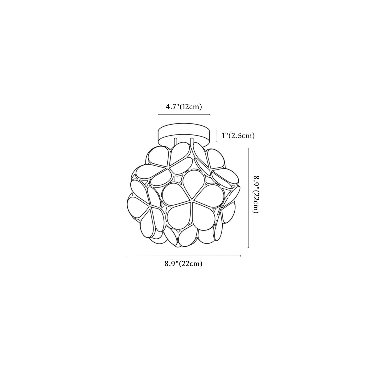 Clérachic ceiling light dimension drawing, every measurement marked in centimetres and inches.