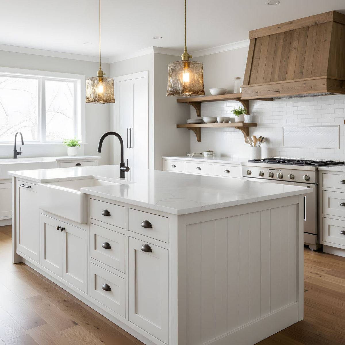 Two square-shaped Clérachic brown glass pendants in a bright kitchen, over a white island with a farmhouse sink and a wooden range hood.