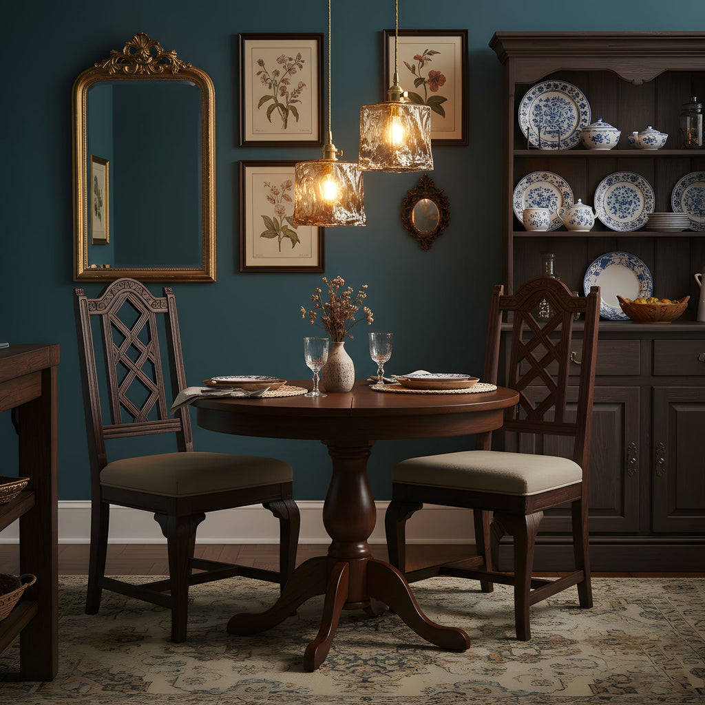 Two cube-shaped Clérachic glass pendants lit over a round wooden table with carved chairs, against a teal wall and a display cabinet.