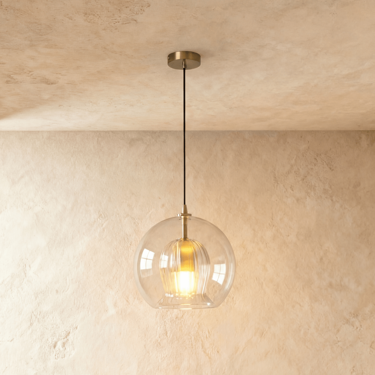 Clérachic pendant light lit warm, its clear glass globe and fluted inner shade glowing against a plaster wall.
