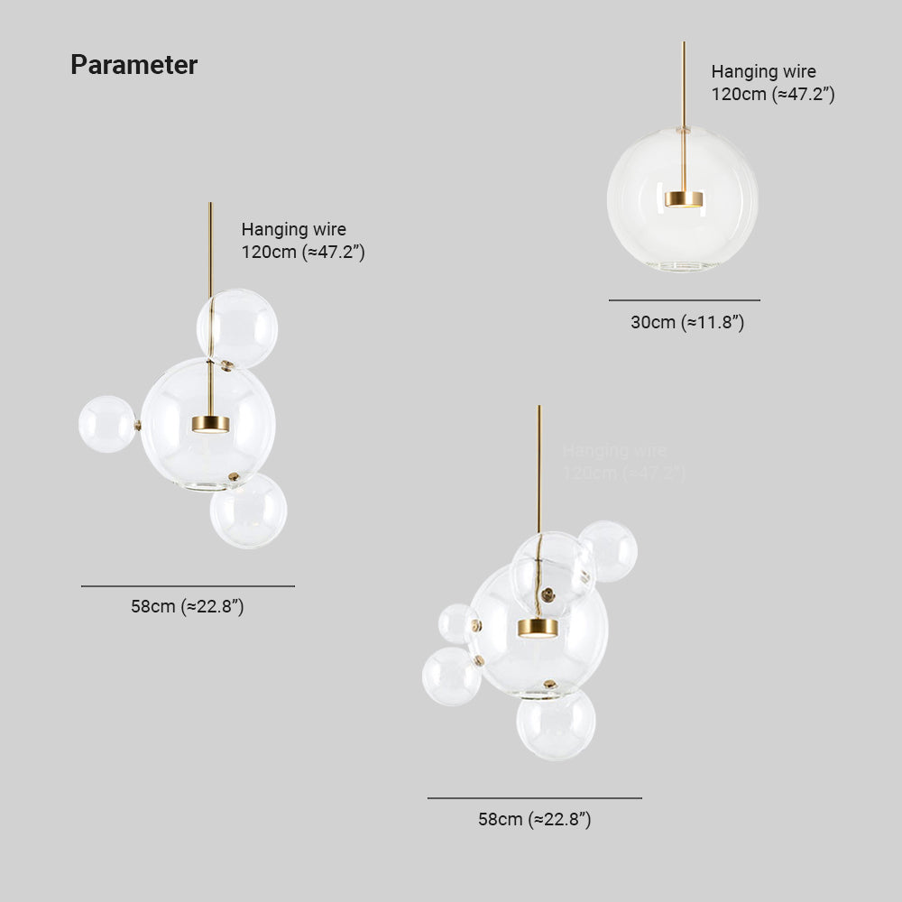 Dimension chart for the Clérachic Bubble Cluster Pendant Light: 4/6-head 58 cm (22.8″), single globe 30 cm (11.8″), 120 cm (47.2″) wire.