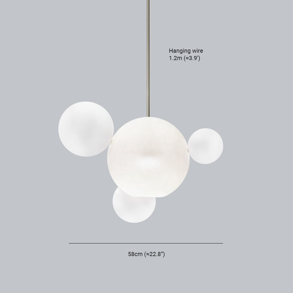 Dimension drawing for the Clérachic Bubble Cluster Pendant Light's frosted 4-head cluster: 58 cm (22.8″) span, 1.2 m (47.2″) wire.