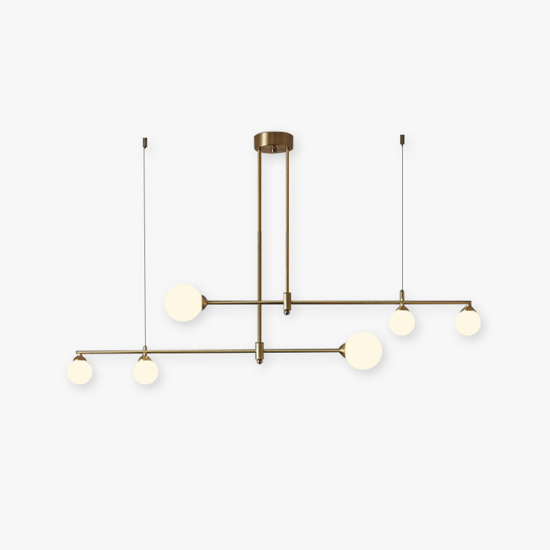 A Clérachic 6-head bubble-glass bar pendant shown alone on a plain background, its two staggered bars each carrying opal globes.