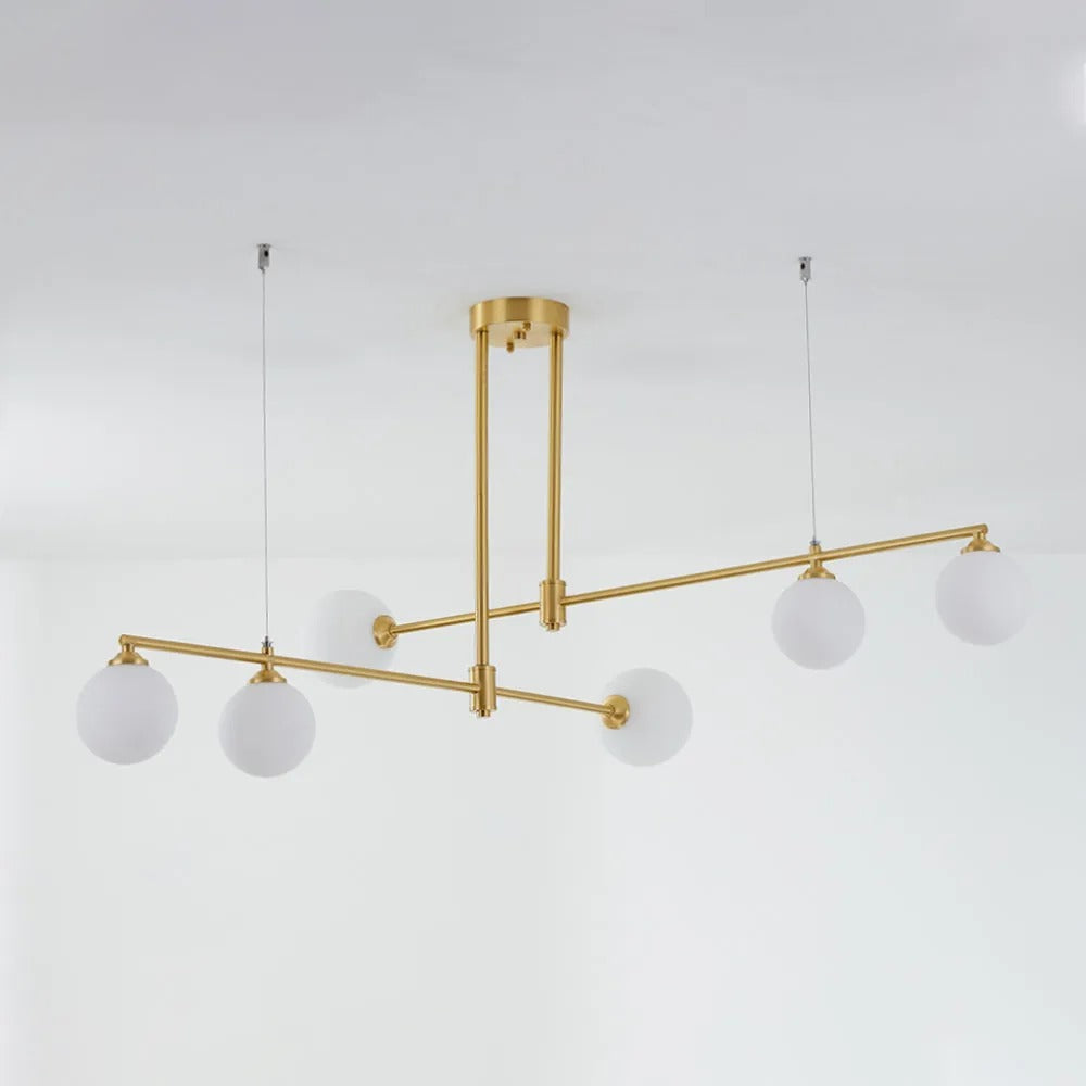The Clérachic 6-head bubble-glass bar pendant seen from an angled view, showing the ceiling canopy and both support cables.