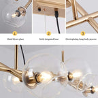 Detail collage for the Clérachic bubble glass pendant, showing the hand-blown glass, canopy base, and gold rod joints.