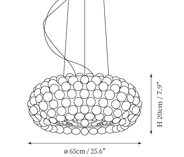 Dimension drawing of this Clérachic sphere pendant, with its height of 20 cm and width of 65 cm marked.