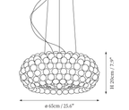 Dimension drawing of this Clérachic sphere pendant, with its height of 20 cm and width of 65 cm marked.