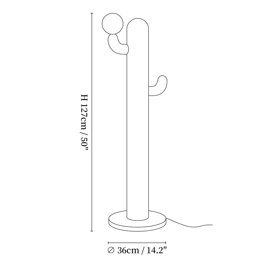 Dimension drawing of the cactus wood floor lamp, in outline against white.