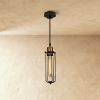 Clérachic narrow black cage pendant with a brass socket and a tube filament bulb, hanging against a limewashed wall.
