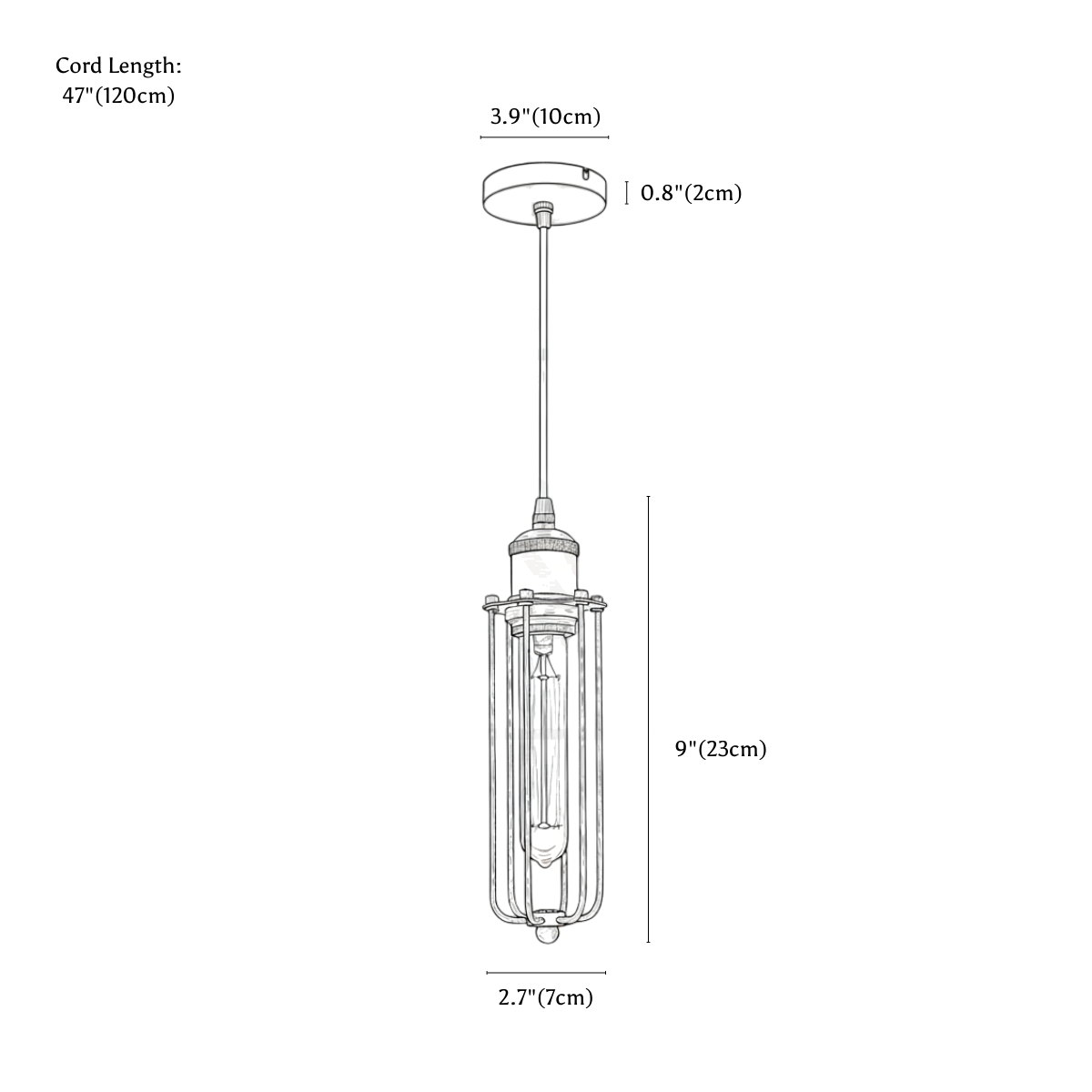 Clérachic pendant light dimension drawing, every measurement marked in centimetres and inches.