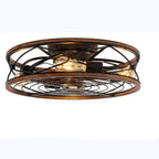 Clérachic round caged flush ceiling light with a wood-look rim, black metal cage and three filament bulbs, on a white background.