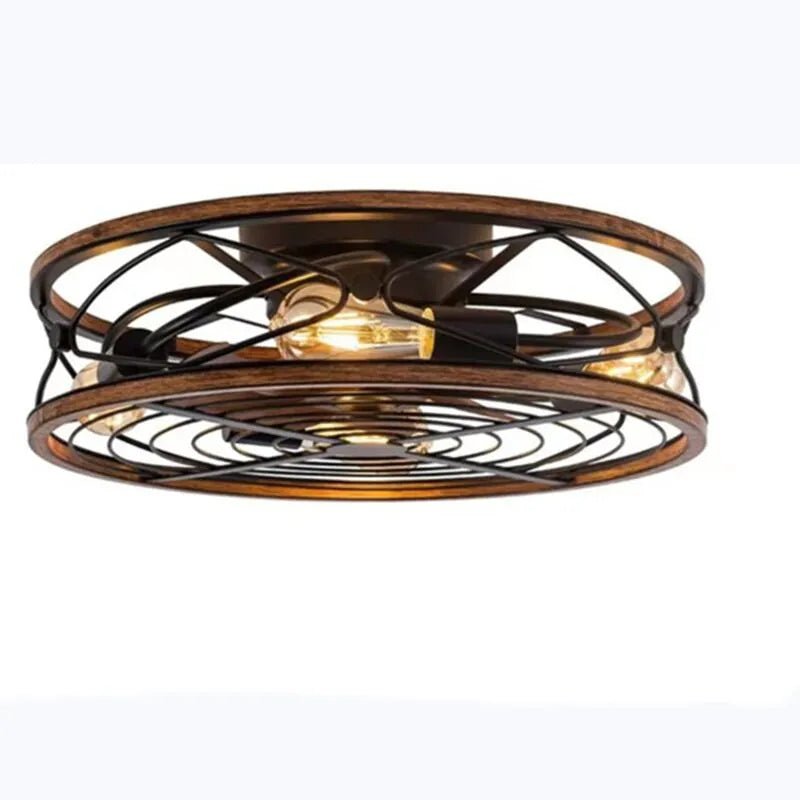 Clérachic round caged flush ceiling light with a wood-look rim, black metal cage and three filament bulbs, on a white background.