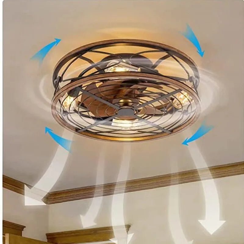 Clérachic caged ceiling fan with light on a room ceiling, with blue arrows and white airflow streams pointing downward.
