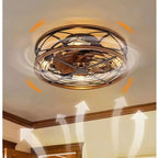 Clérachic caged ceiling fan with light on a room ceiling, with orange arrows and white airflow streams rising up the walls.