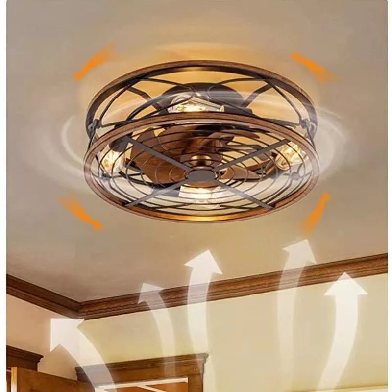 Clérachic caged ceiling fan with light on a room ceiling, with orange arrows and white airflow streams rising up the walls.