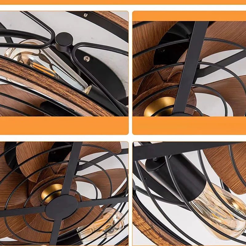 Clérachic four close up views of a caged ceiling fan: filament bulb holder, wood-look blades, brass hub and black metal cage.