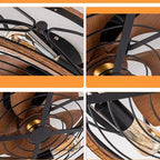 Clérachic four close up views of a caged ceiling fan: filament bulb holder, wood-look blades, brass hub and black metal cage.