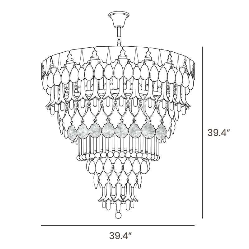Dimension drawing of this larger round Clérachic chandelier, with its height and width marked.
