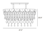 Dimension drawing of this rectangular Clérachic chandelier on a ceiling bar, with its height and length marked.