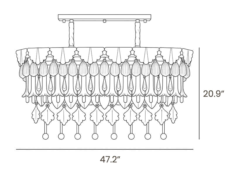 Dimension drawing of this rectangular Clérachic chandelier on a ceiling bar, with its height and length marked.