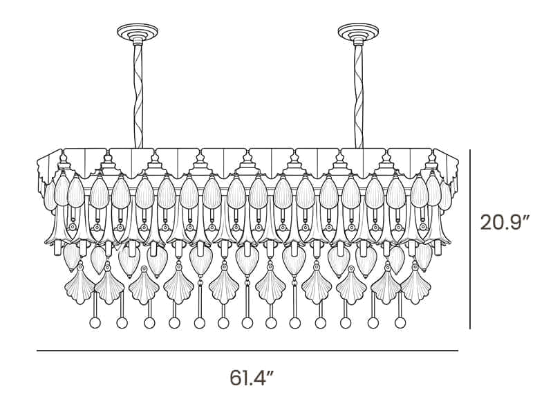 Dimension drawing of this longer rectangular Clérachic chandelier on two chains, with its height and length marked.