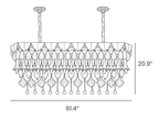 Dimension drawing of this longer rectangular Clérachic chandelier on two chains, with its height and length marked.