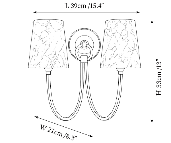 Dimension drawing of this Clérachic two-light wall sconce, with its height and width marked.