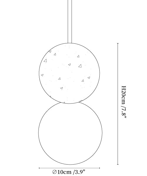 Dimension drawing of the camille travertine pendant light, in outline against white.