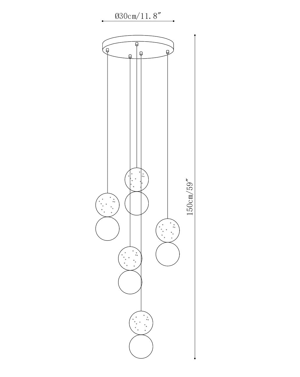 Dimension drawing of the camille travertine pendant light, in outline against white.