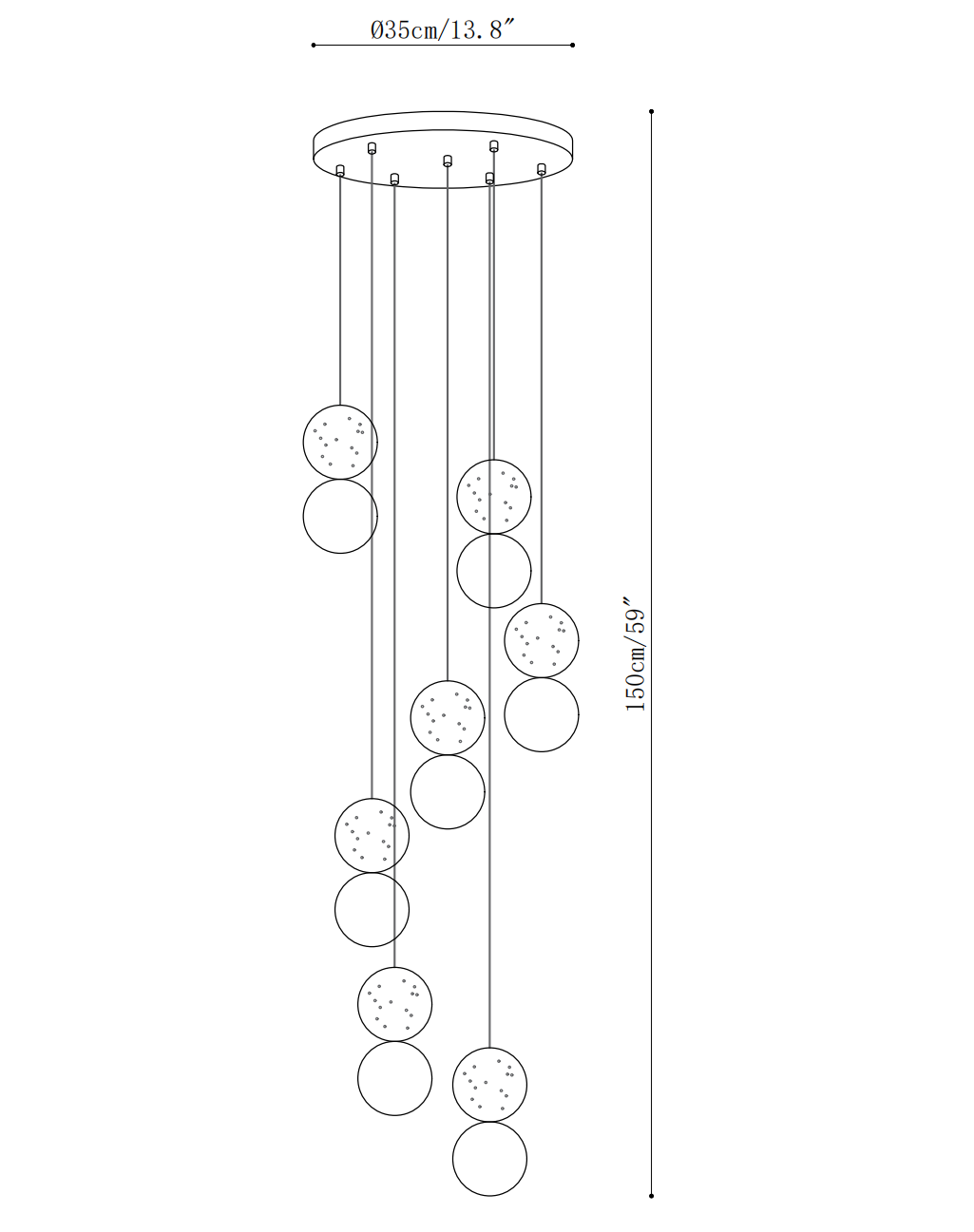 Dimension drawing of the camille travertine pendant light, in outline against white.
