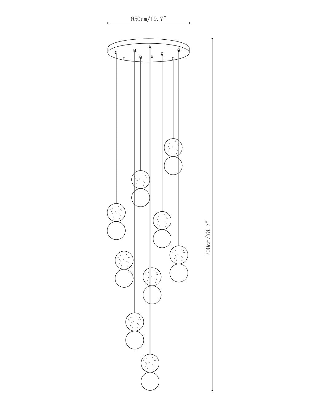 Dimension drawing of the camille travertine pendant light, in outline against white.