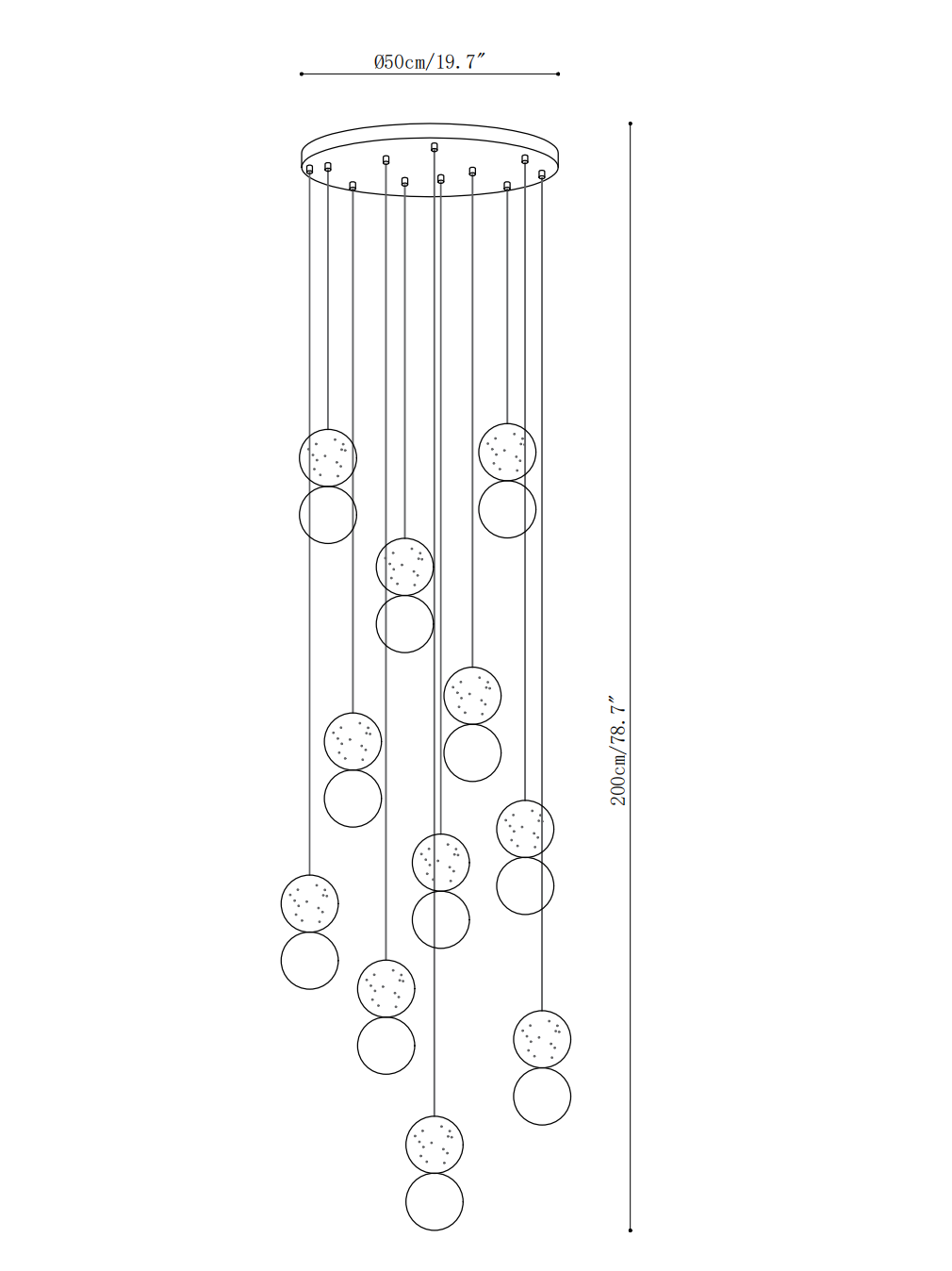 Dimension drawing of the camille travertine pendant light, in outline against white.