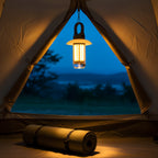 The camping lantern hanging in a tent doorway at dusk, warm filament light falling across the canvas and a rolled sleeping mat