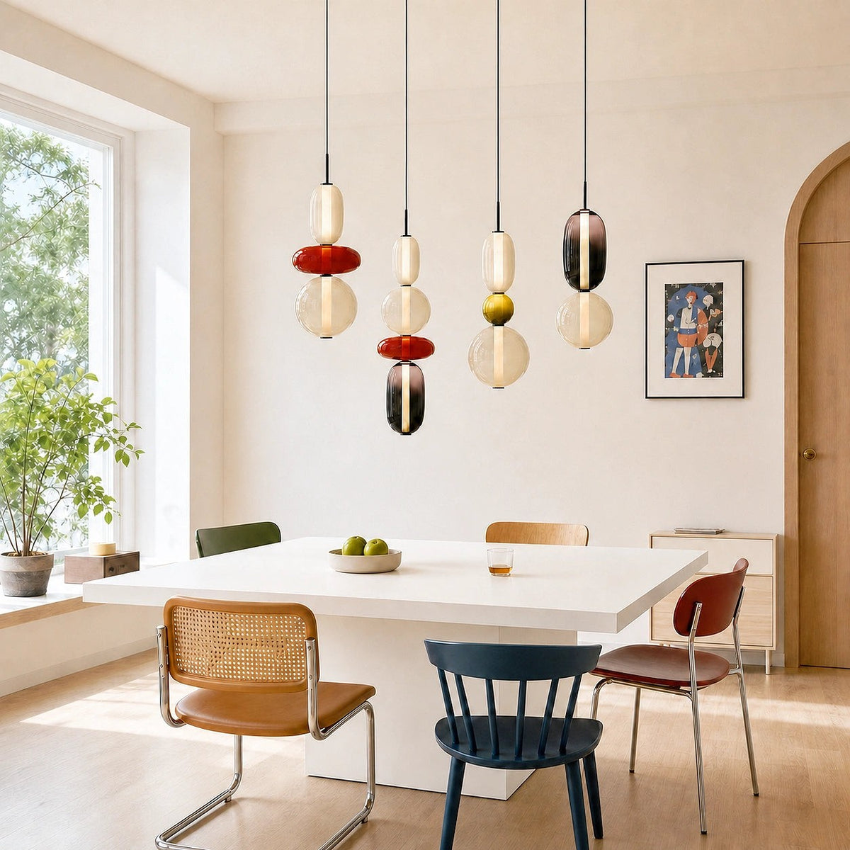 Four Clérachic pendants at staggered heights above a white dining table in a bright room with a window and arched doorway.