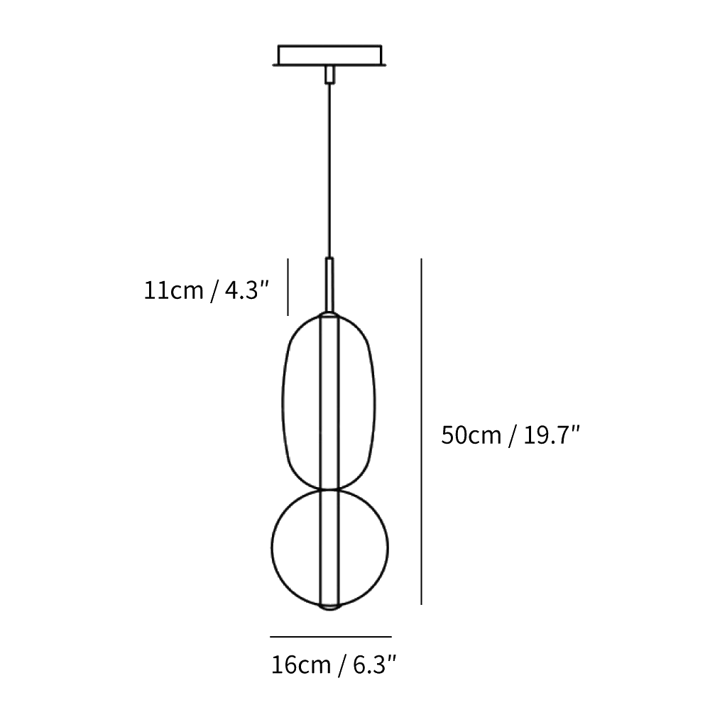 Clérachic pendant light dimension drawing, Model A, 50 cm tall and 16 cm wide, every measurement marked in centimetres and inches.