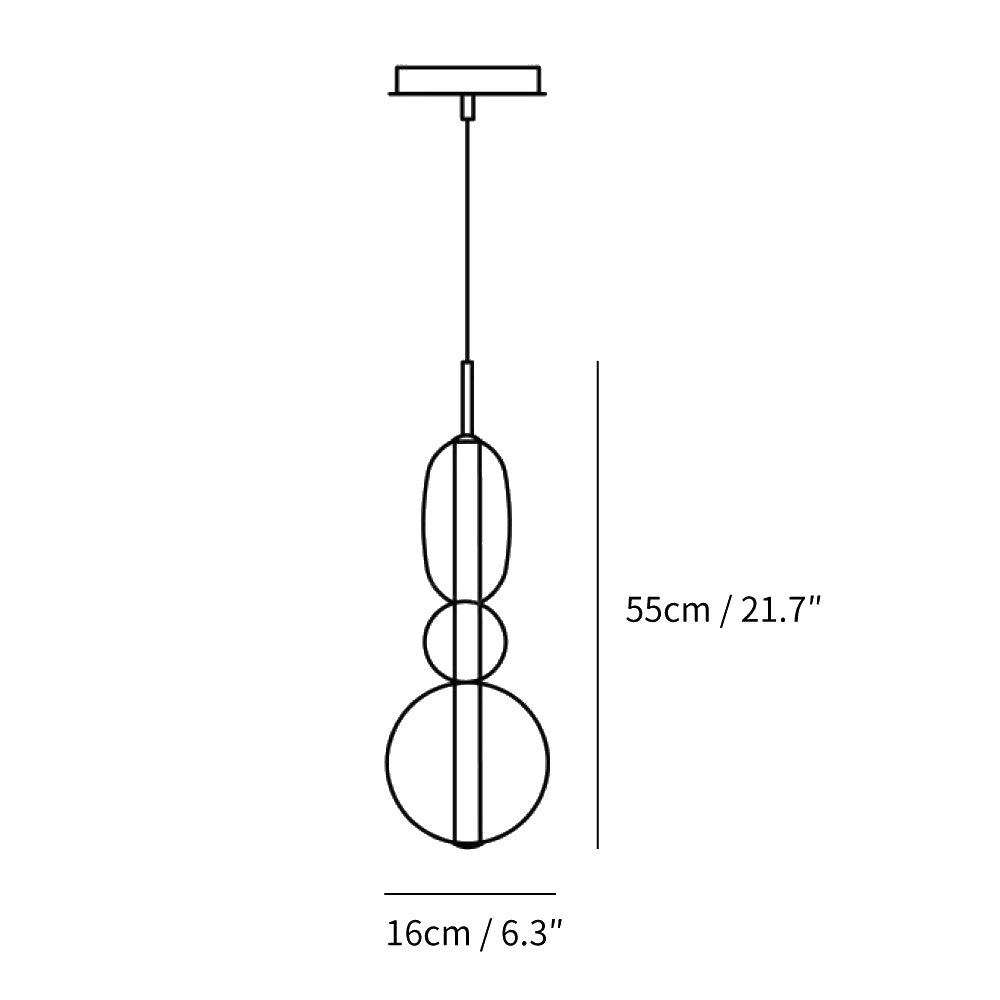 Clérachic pendant light dimension drawing, Model B, 55 cm tall and 16 cm wide, every measurement marked in centimetres and inches.
