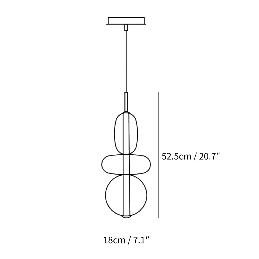 Clérachic pendant light dimension drawing, Model D, 52.5 cm tall and 18 cm wide, every measurement marked in centimetres and inches.