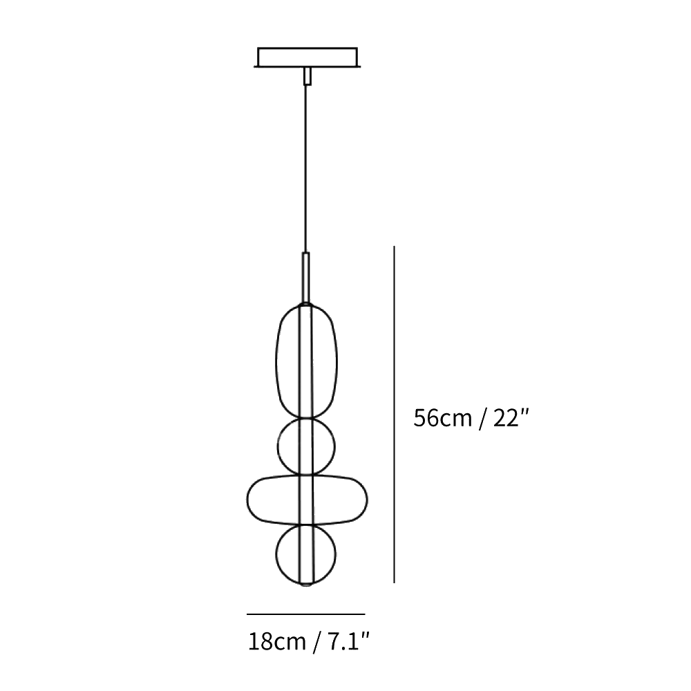 Clérachic pendant light dimension drawing, Model E, 56 cm tall and 18 cm wide, every measurement marked in centimetres and inches.