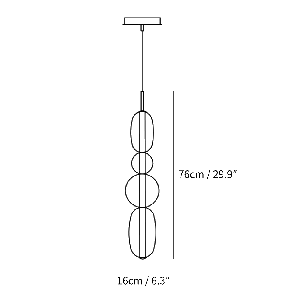 Clérachic pendant light dimension drawing, Model F, 76 cm tall and 16 cm wide, every measurement marked in centimetres and inches.