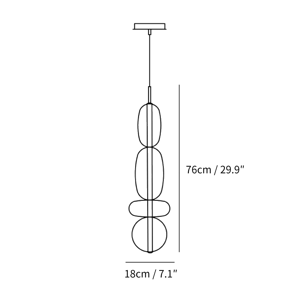 Clérachic pendant light dimension drawing, Model G, 76 cm tall and 18 cm wide, every measurement marked in centimetres and inches.